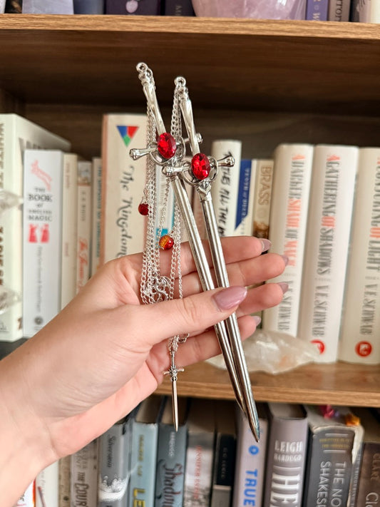 Silver + Red Dragonslayer Double Hair Swords