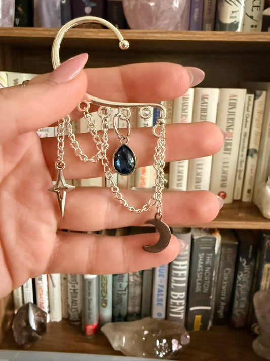 Silver + Blue Moon + Star Ear Cuffs