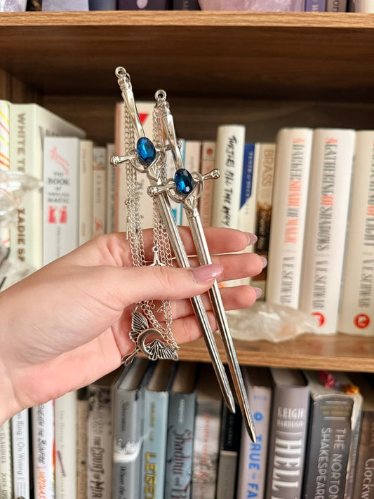 Silver + Teal Luna Moth Double Hair Swords