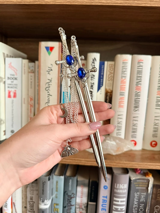 Silver + Blue Luna Moth Double Hair Swords