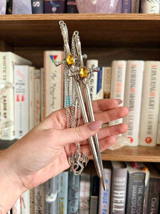Silver + Yellow Dragonslayer Double Hair Swords