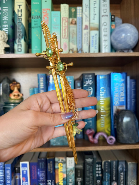 Gold + Lime Green Fairy Garden Double Hair Swords