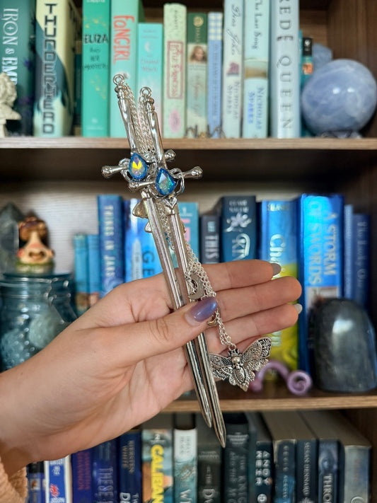 Silver + Iridescent Blue Luna Moth Double Hair Swords