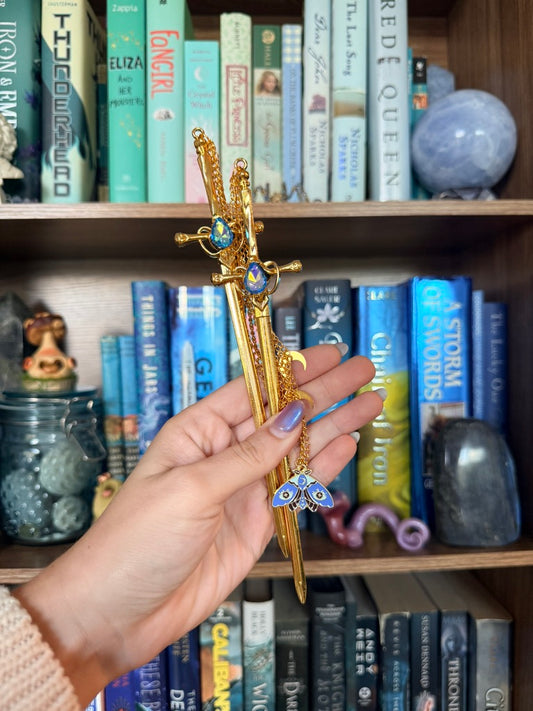 Gold + Blue Luna Moth Double Hair Swords