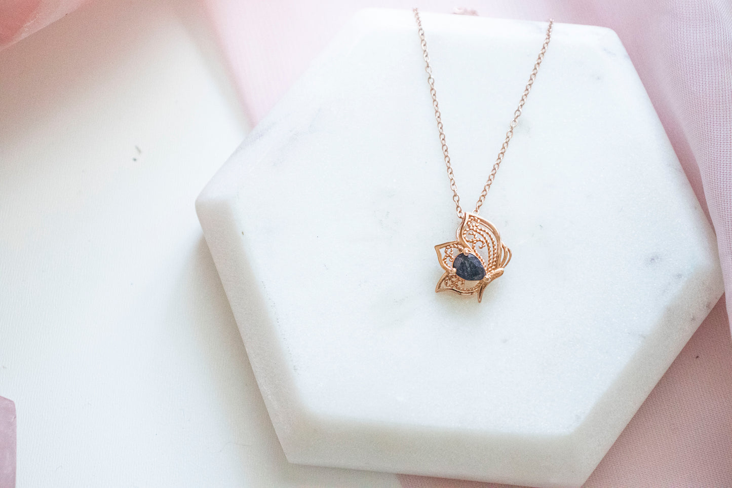 Thetis Sapphire Butterfly Pendant (14k Rose Gold Fill)