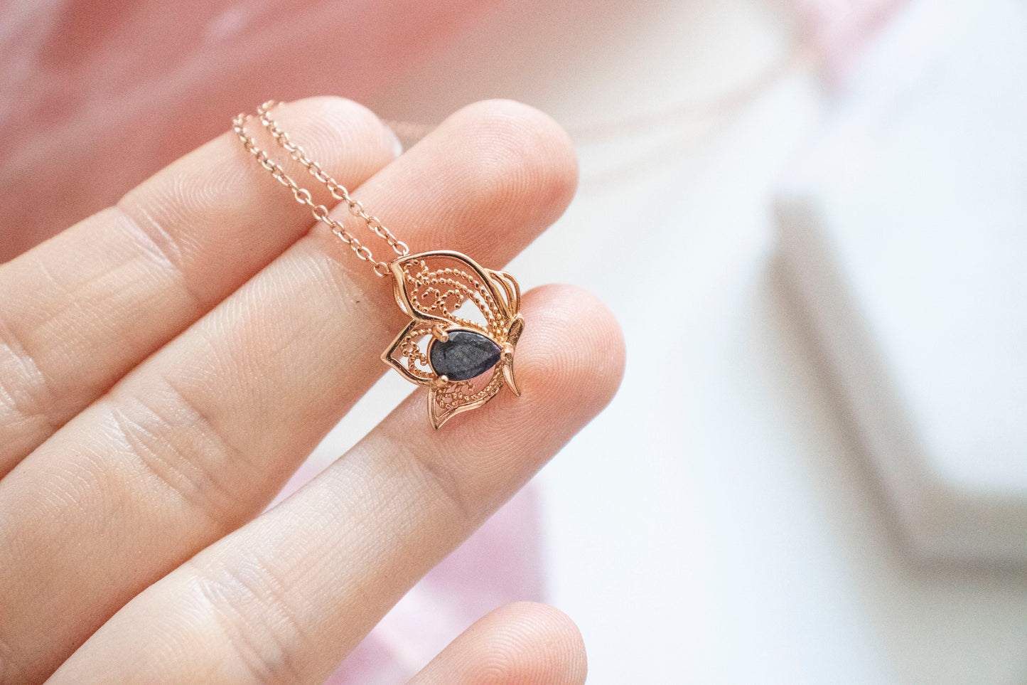 Thetis Sapphire Butterfly Pendant (14k Rose Gold Fill)