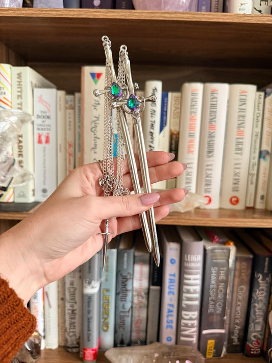 Silver + Green/Purple Dragonslayer Double Hair Swords
