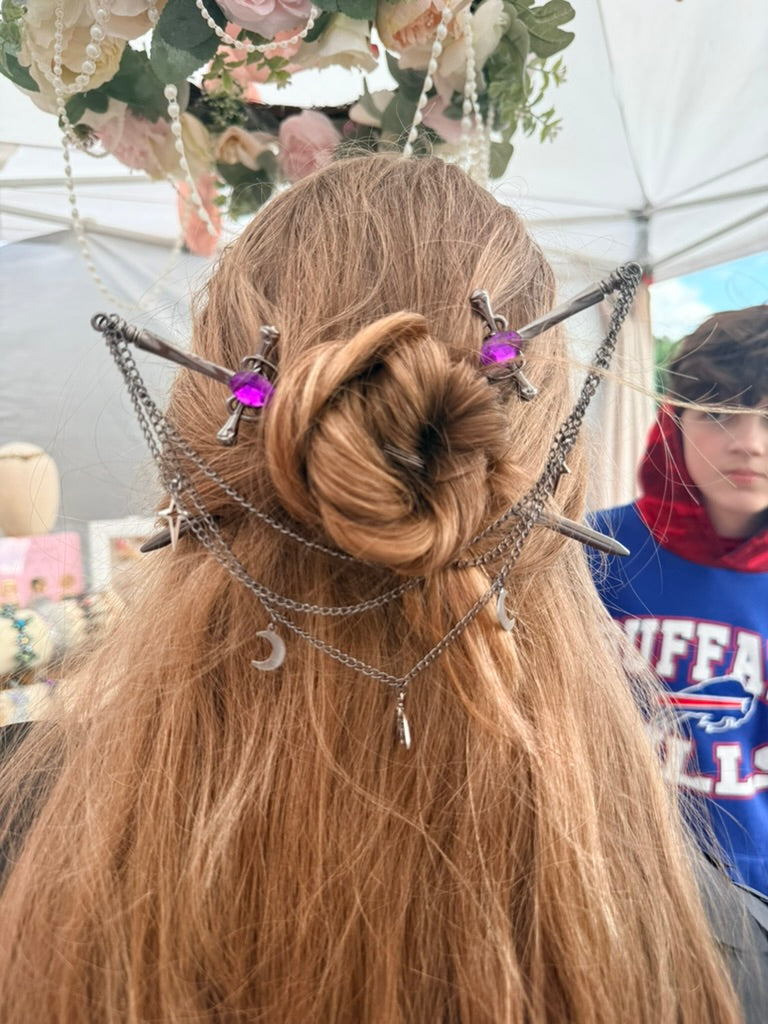 Silver + Teal Luna Moth Double Hair Swords