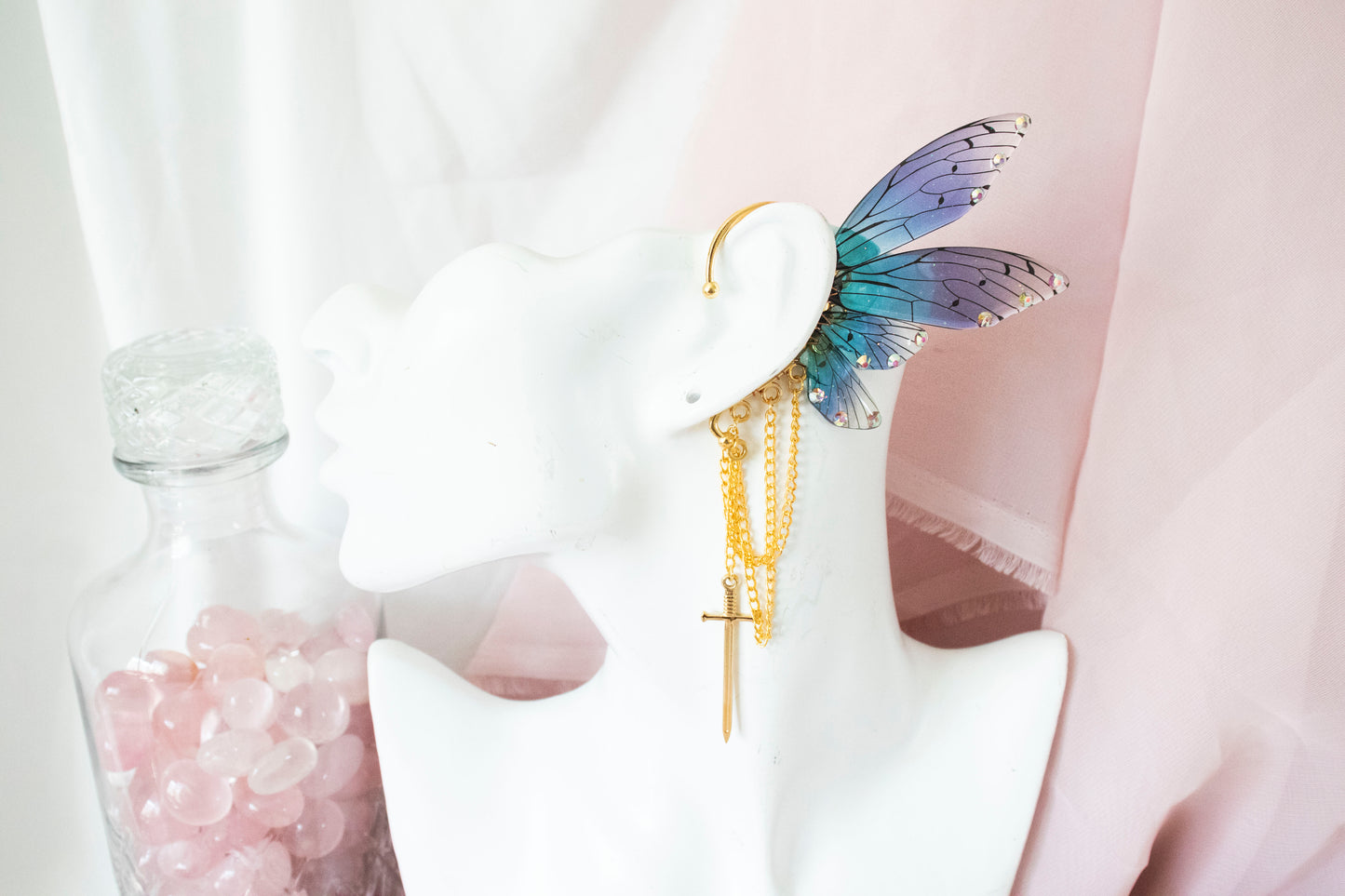 Gold + Blue Sword Fairy Wing Ear Cuffs