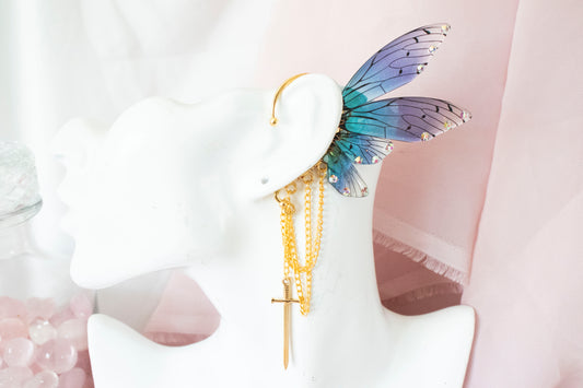 Gold + Blue Sword Fairy Wing Ear Cuffs