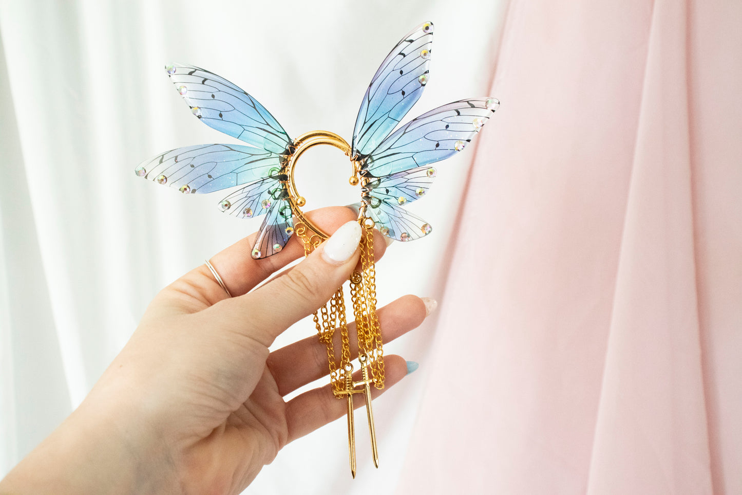 Gold + Blue Sword Fairy Wing Ear Cuffs
