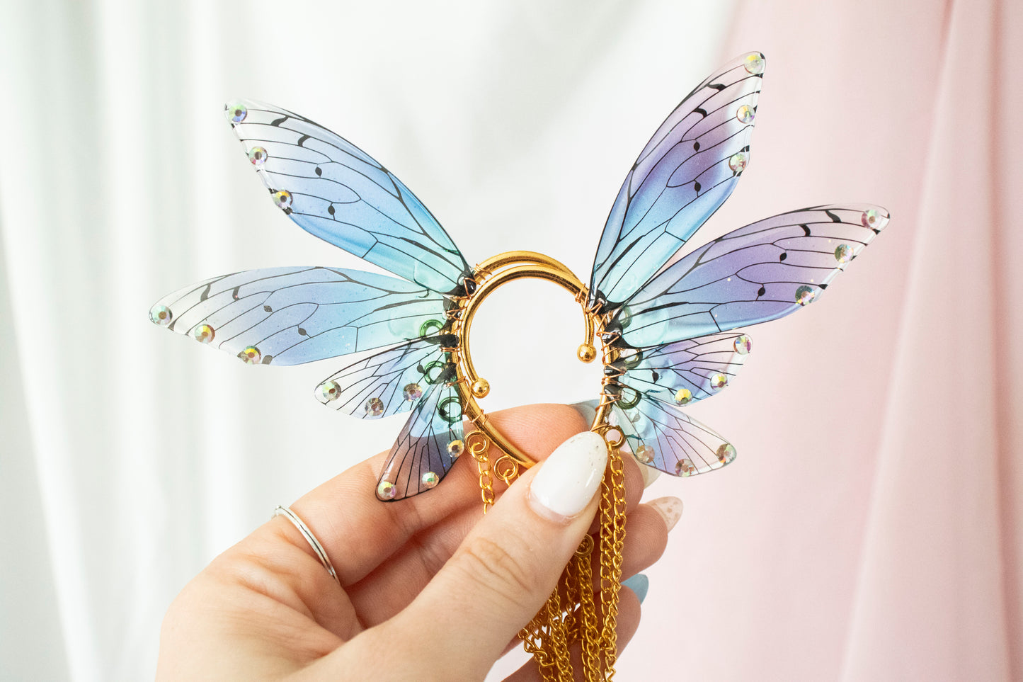 Gold + Blue Sword Fairy Wing Ear Cuffs