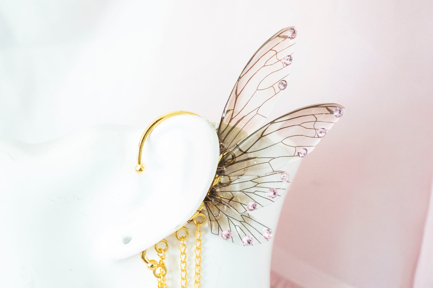 Gold + Brown Feather + Crystal Fairy Wing Ear Cuffs