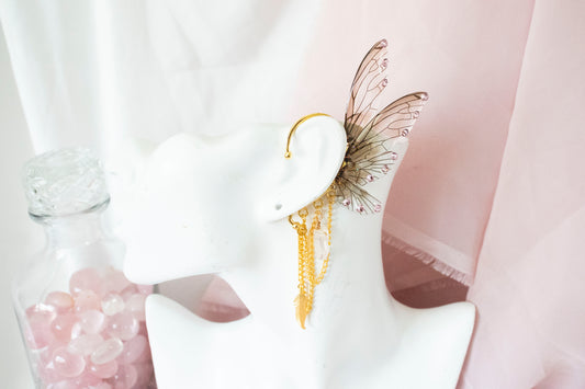 Gold + Brown Feather + Crystal Fairy Wing Ear Cuffs