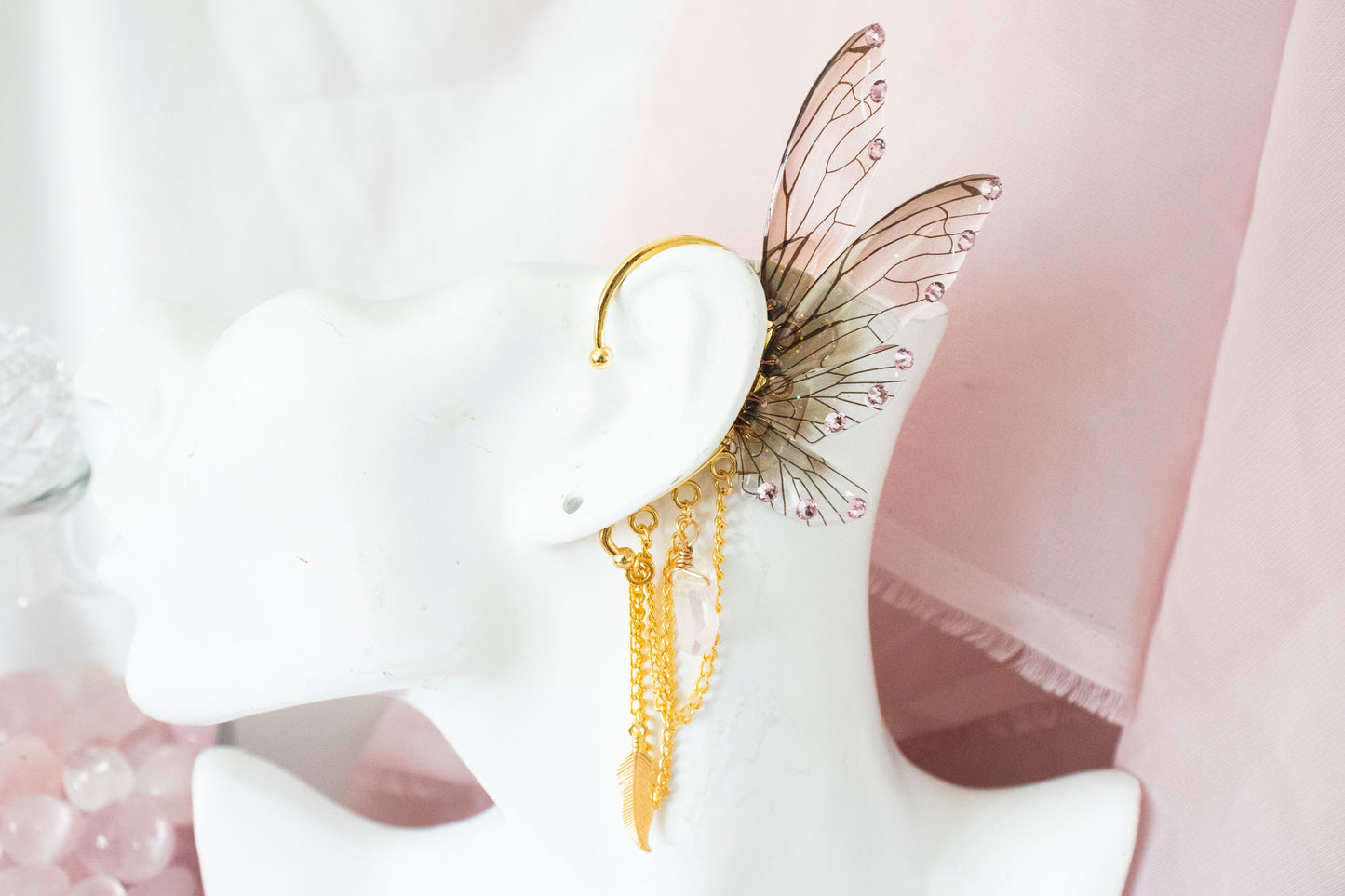Gold + Brown Feather + Crystal Fairy Wing Ear Cuffs