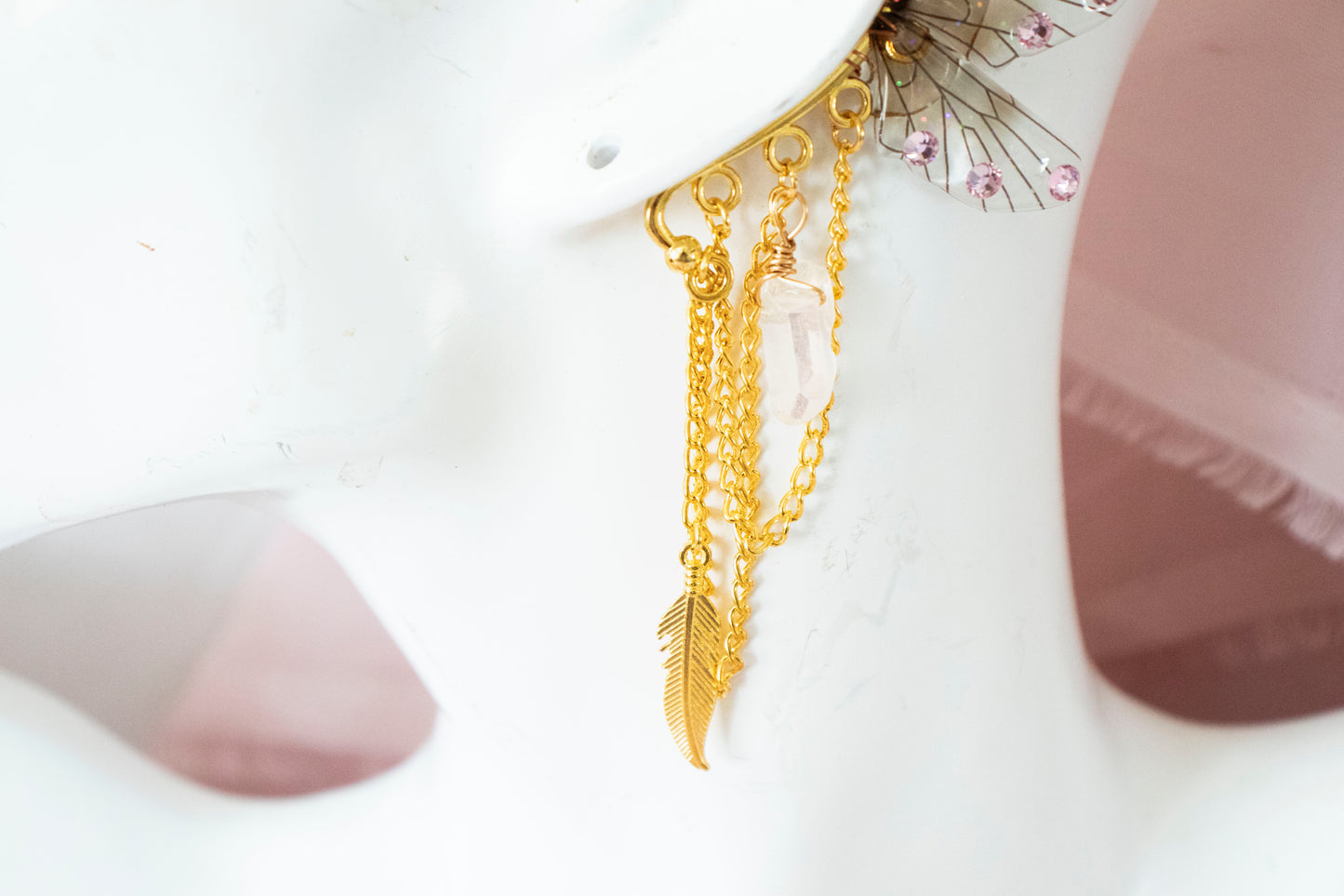 Gold + Brown Feather + Crystal Fairy Wing Ear Cuffs