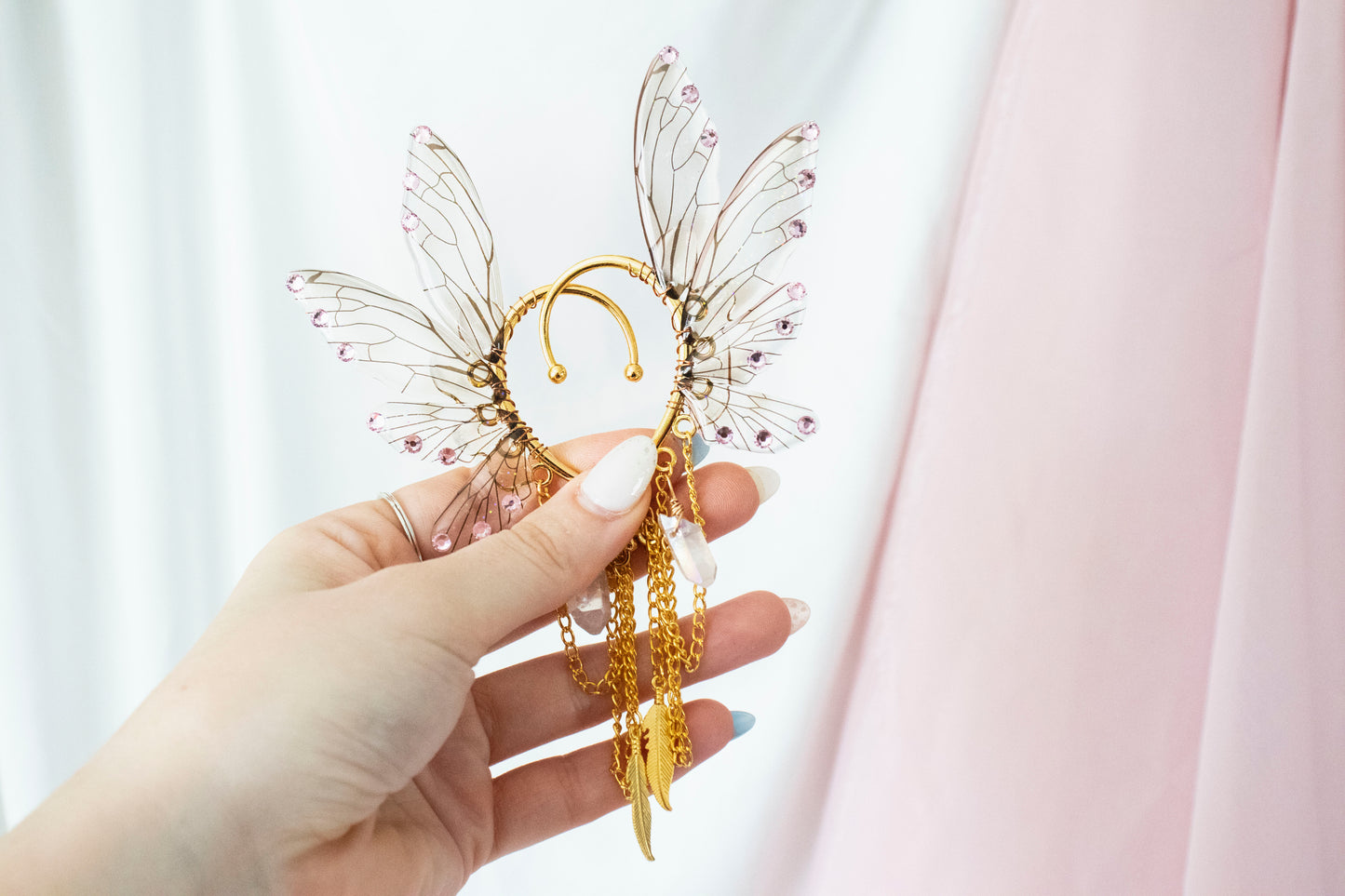 Gold + Brown Feather + Crystal Fairy Wing Ear Cuffs