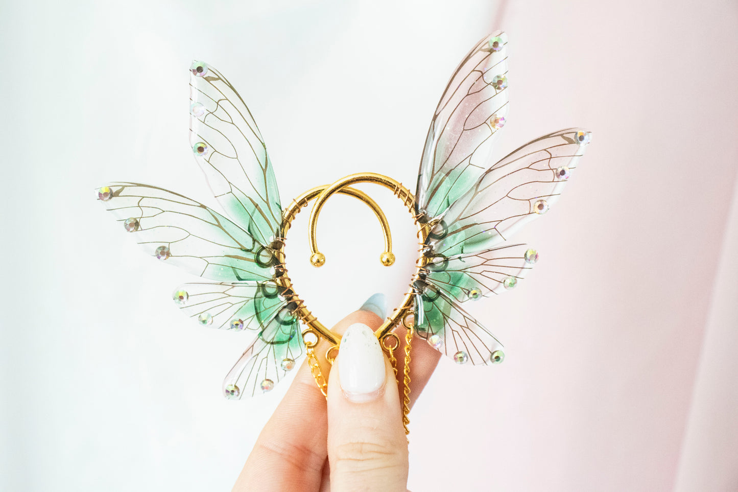 Gold + Green Moon Fairy Wing Ear Cuffs