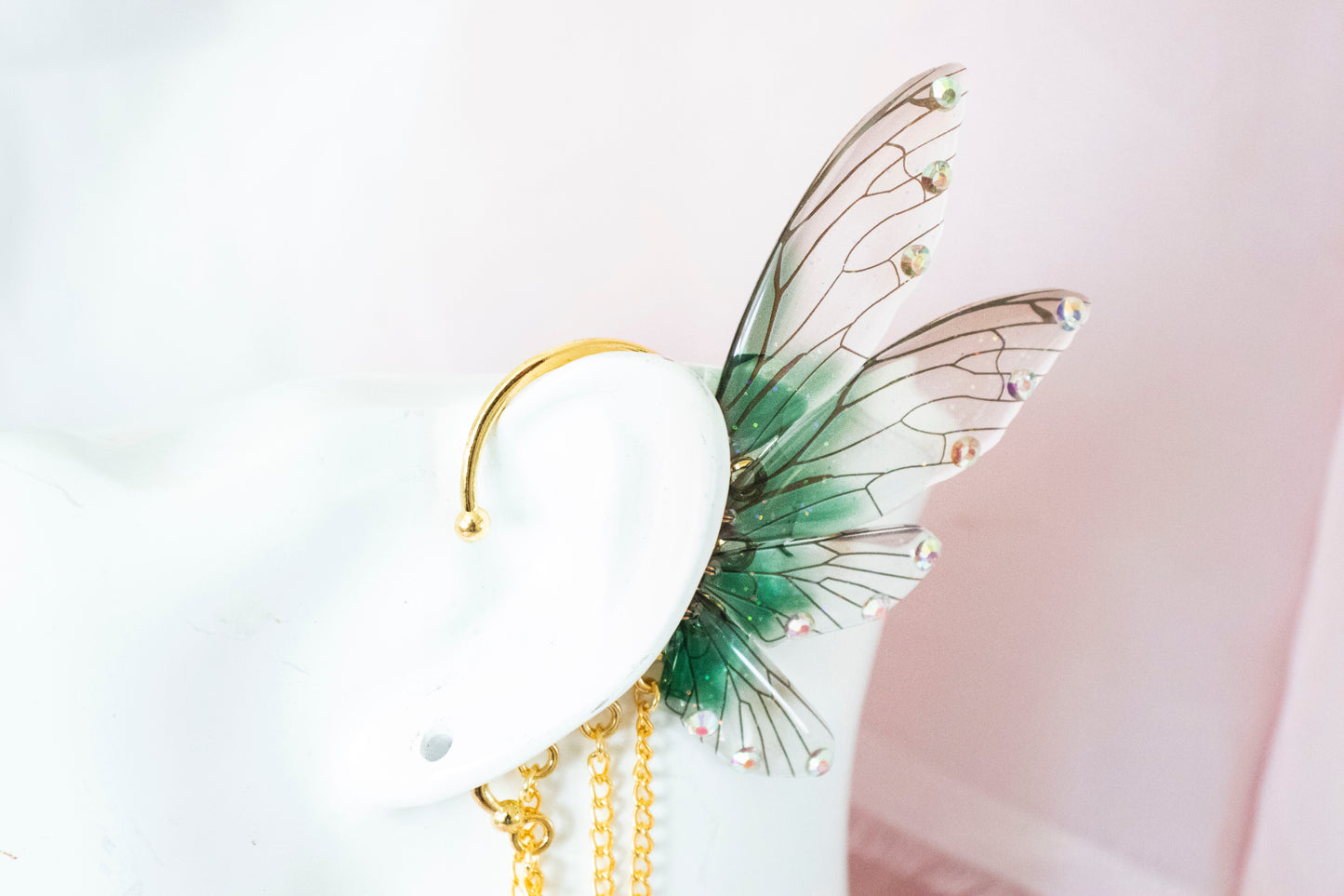 Gold + Green Moon Fairy Wing Ear Cuffs