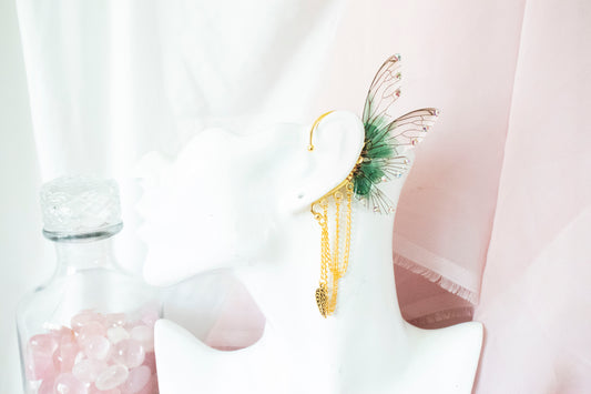 Gold + Green Leaf Fairy Wing Ear Cuffs