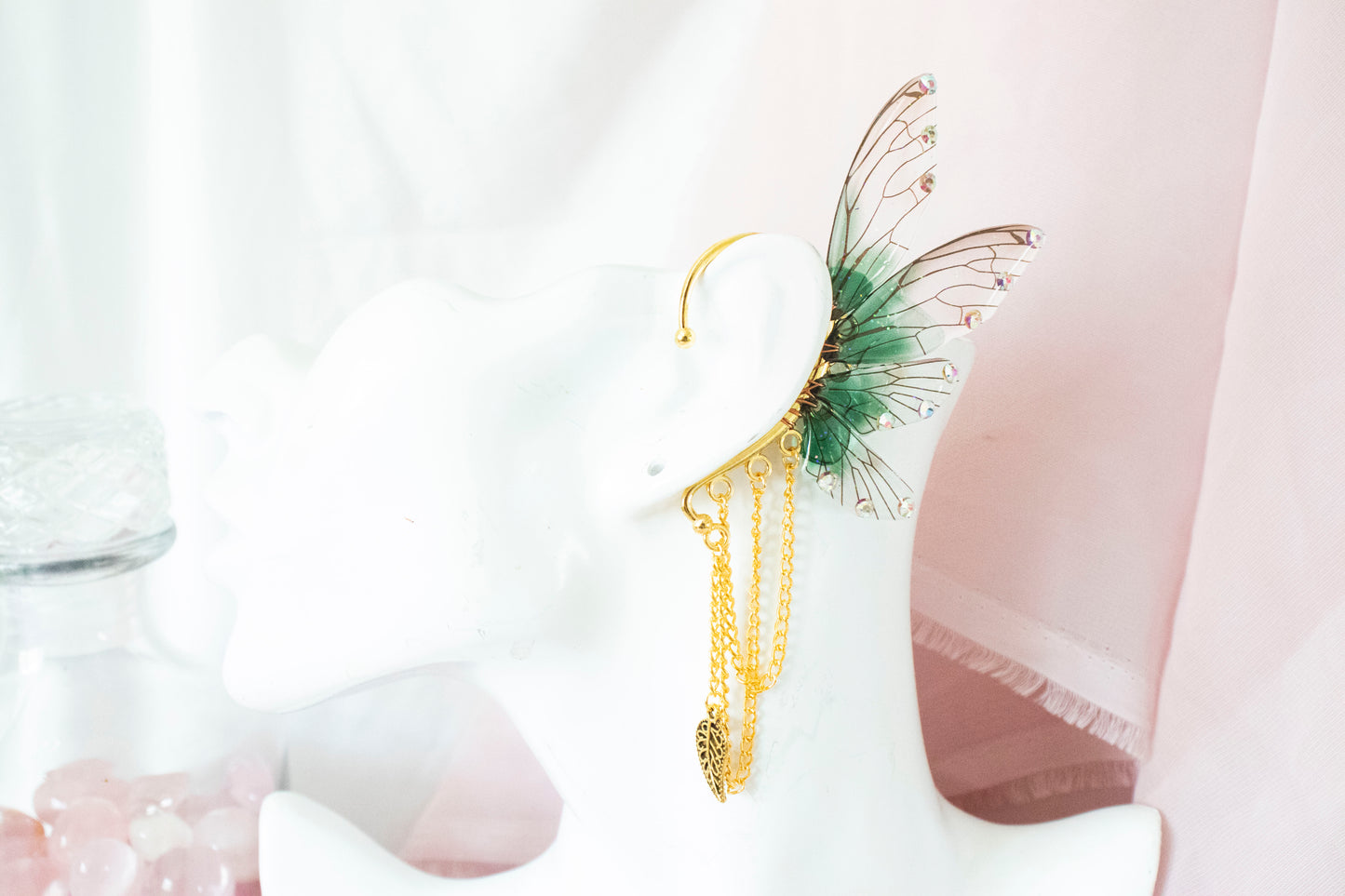 Gold + Green Leaf Fairy Wing Ear Cuffs
