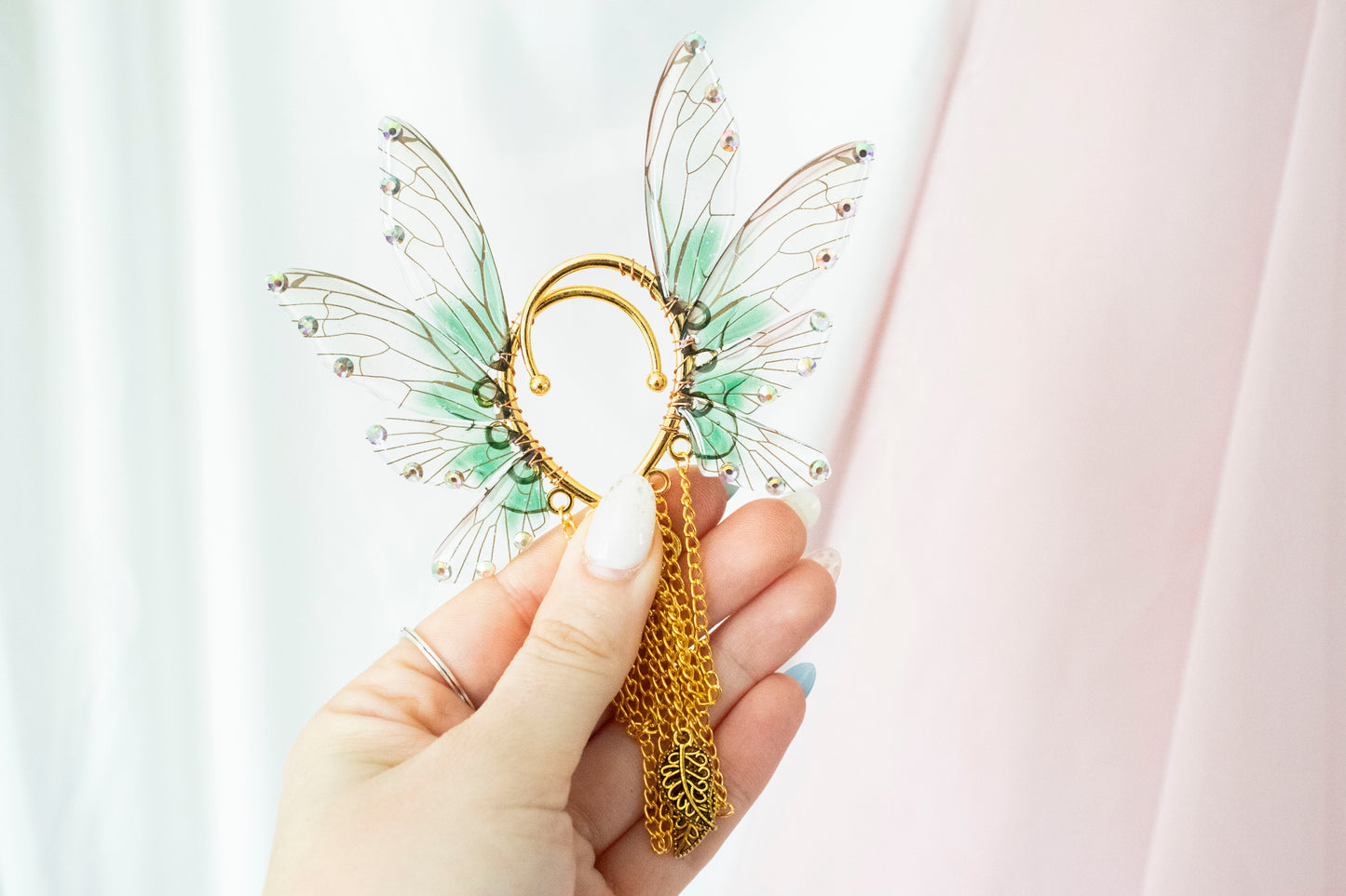 Gold + Green Leaf Fairy Wing Ear Cuffs