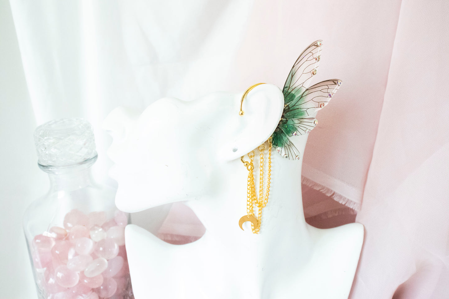 Gold + Green Moon Fairy Wing Ear Cuffs