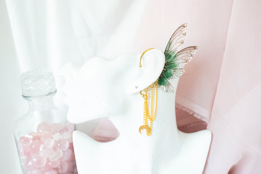 Gold + Green Moon Fairy Wing Ear Cuffs