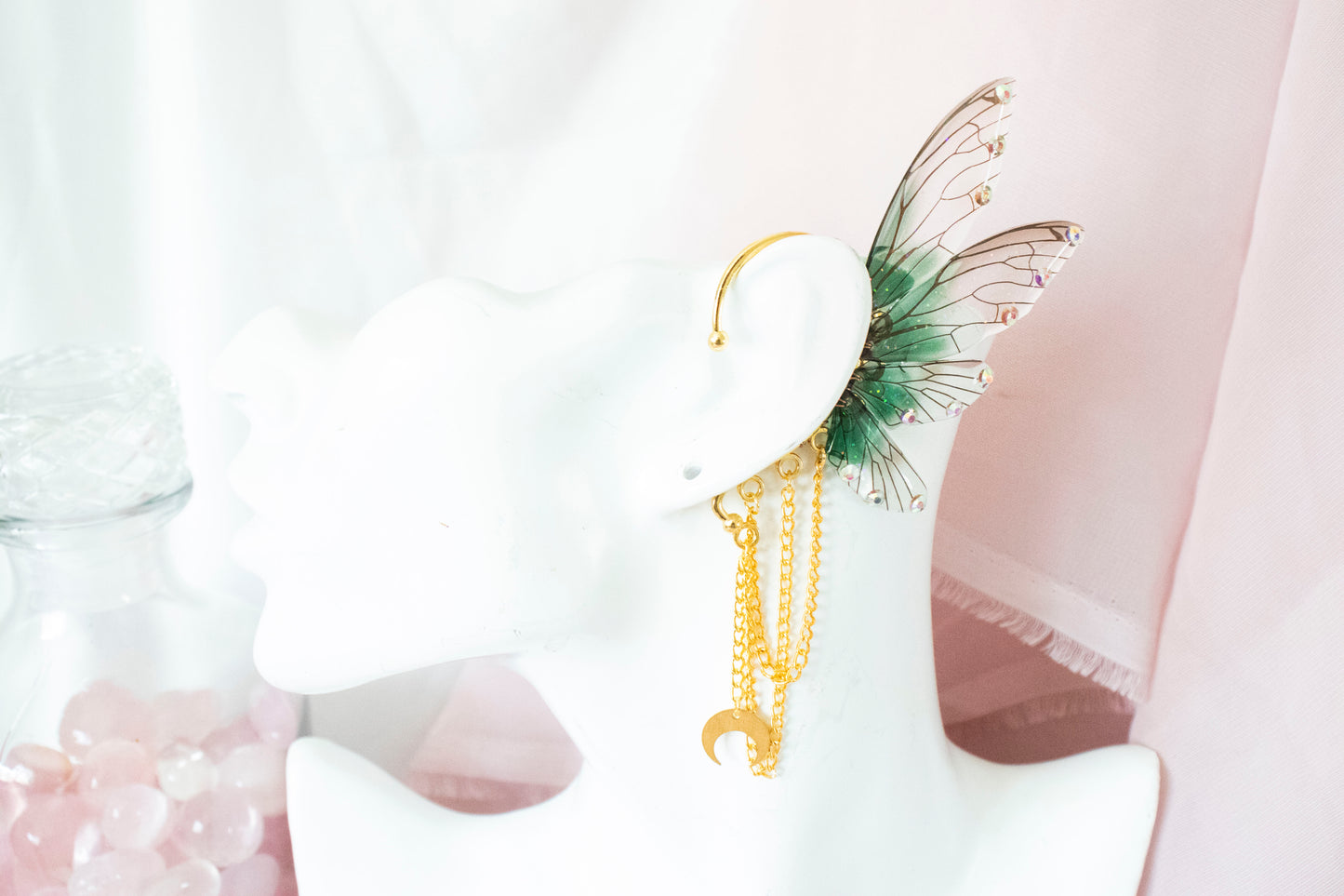 Gold + Green Moon Fairy Wing Ear Cuffs