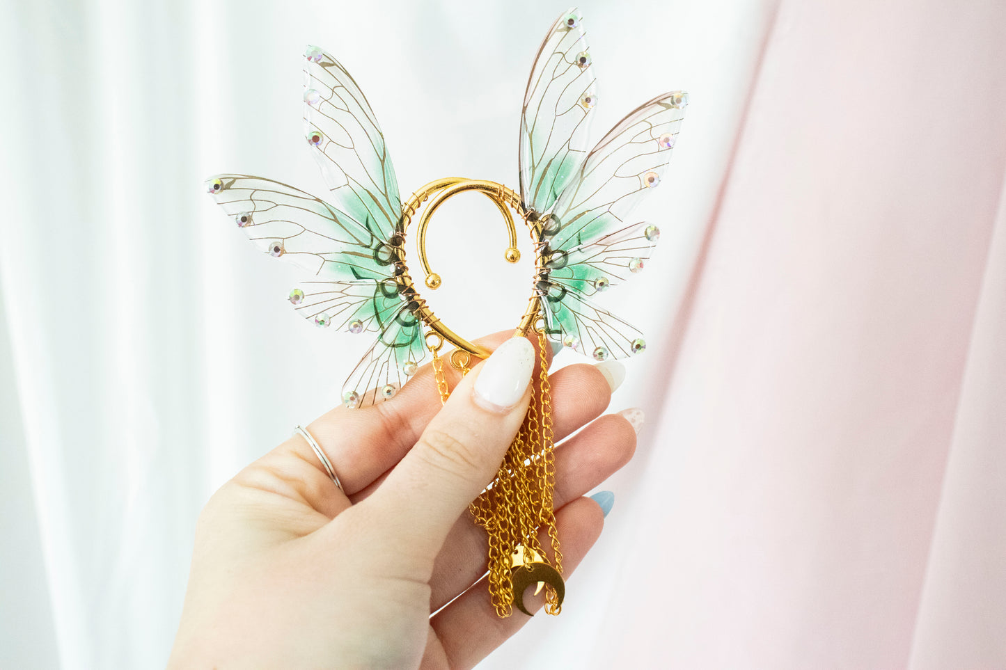 Gold + Green Moon Fairy Wing Ear Cuffs