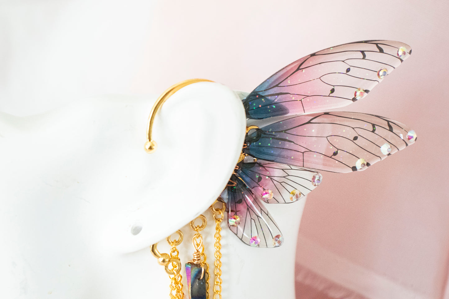 Gold + Pink Dagger + Crystal Fairy Wing Ear Cuffs
