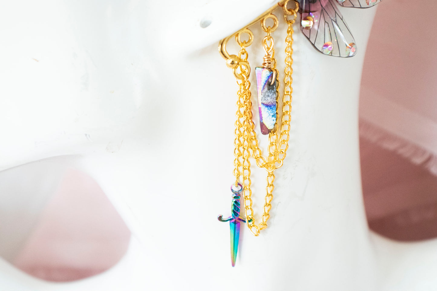 Gold + Pink Dagger + Crystal Fairy Wing Ear Cuffs