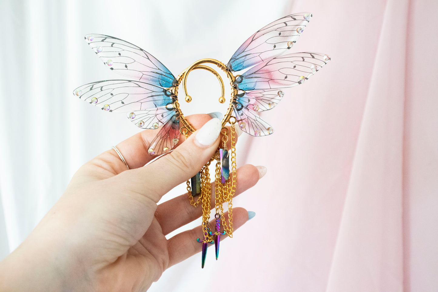 Gold + Pink Dagger + Crystal Fairy Wing Ear Cuffs