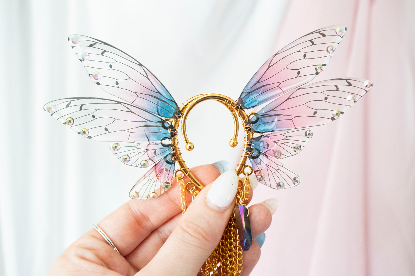 Gold + Pink Dagger + Crystal Fairy Wing Ear Cuffs