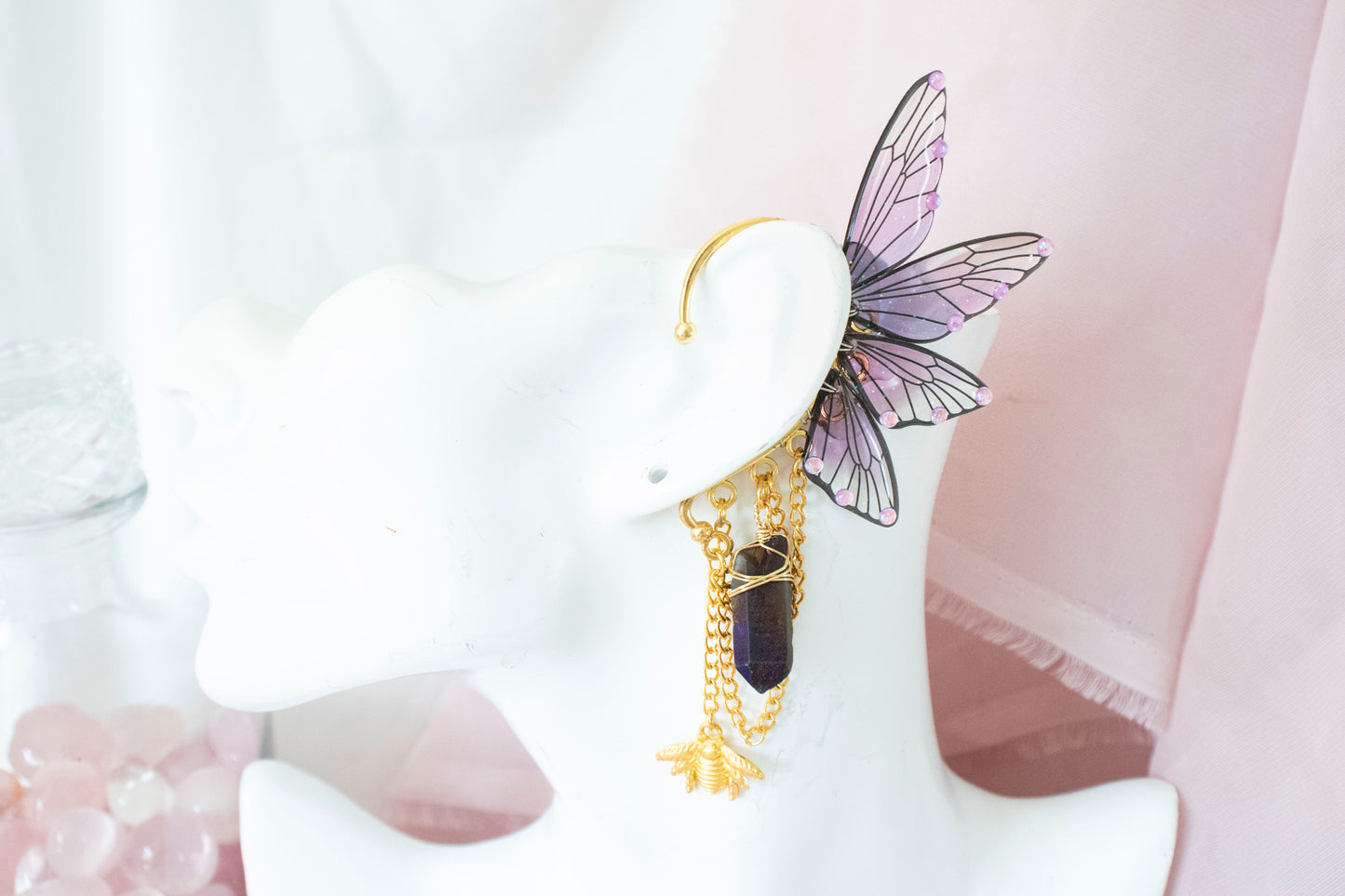 Gold + Purple Bee + Crystal Fairy Wing Ear Cuffs