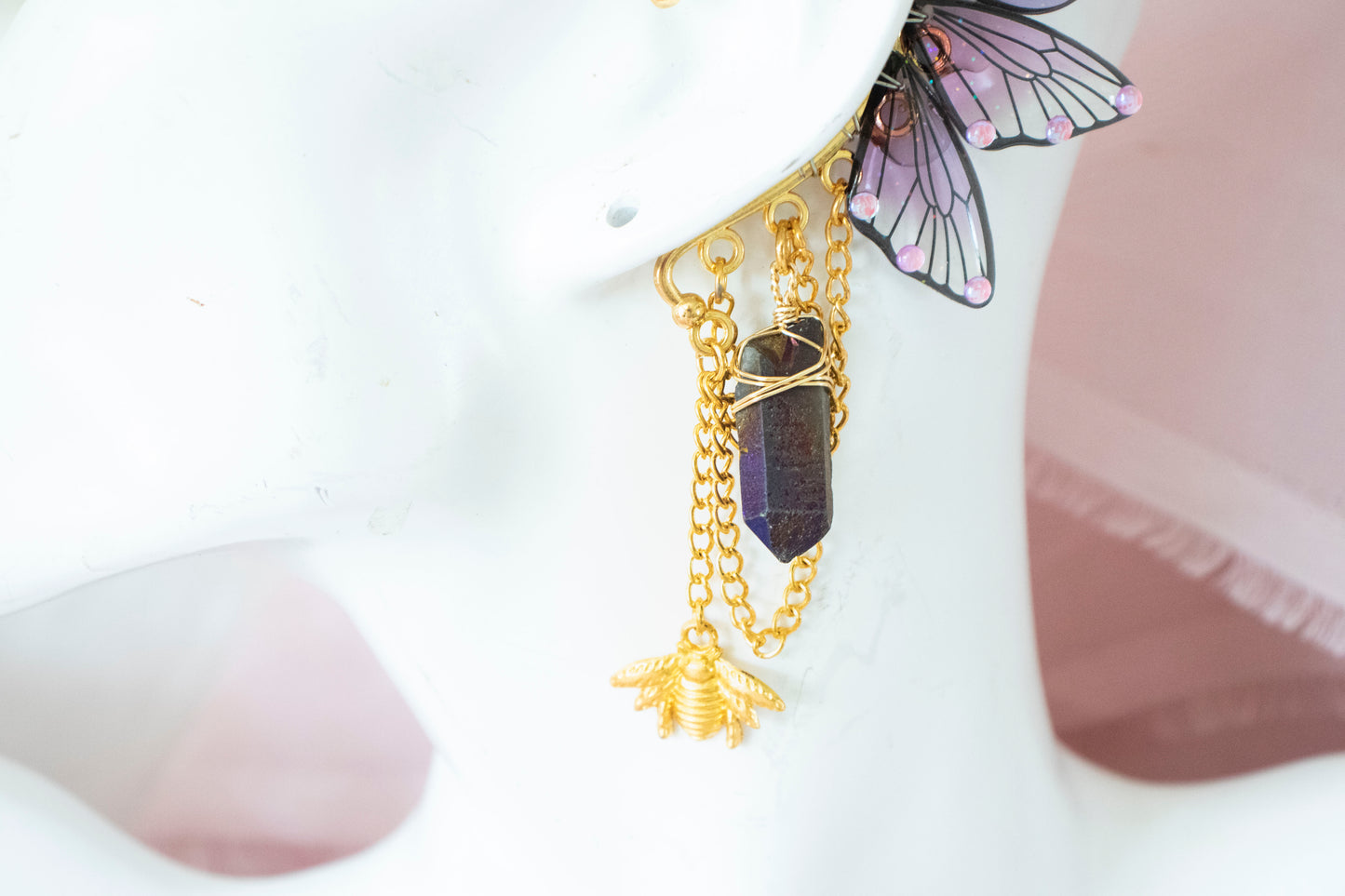 Gold + Purple Bee + Crystal Fairy Wing Ear Cuffs