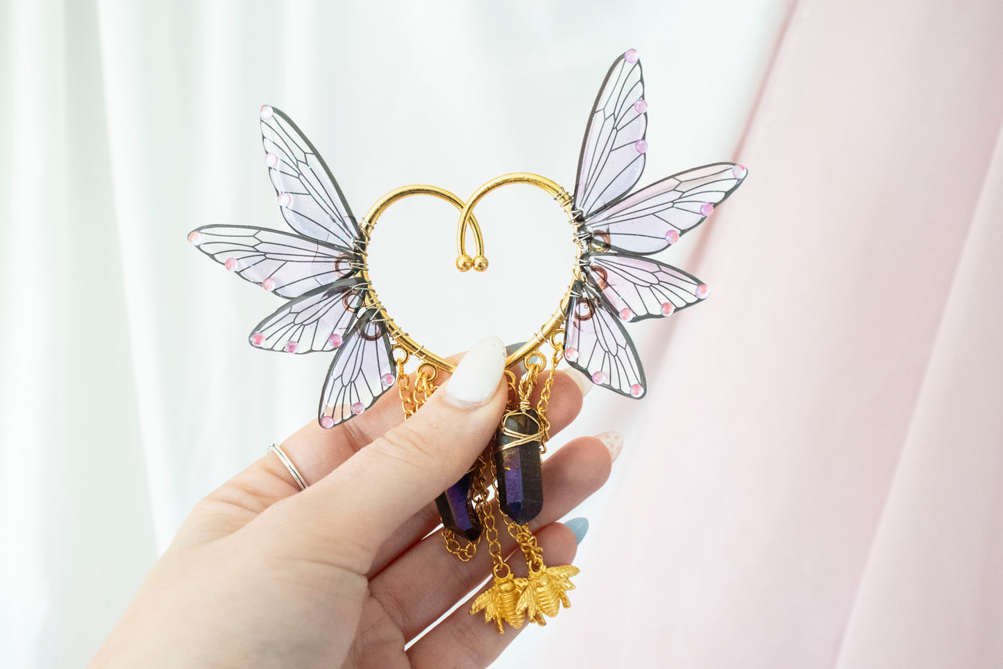 Gold + Purple Bee + Crystal Fairy Wing Ear Cuffs