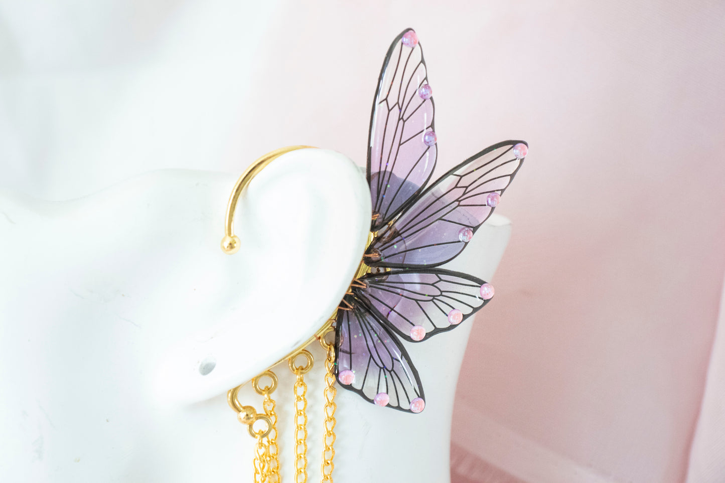 Gold + Purple Feather + Crystal Fairy Wing Ear Cuffs