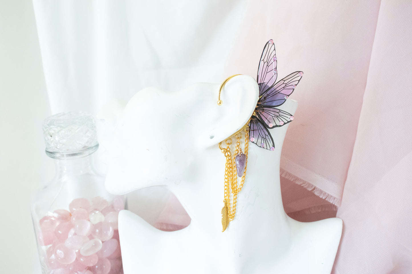 Gold + Purple Feather + Crystal Fairy Wing Ear Cuffs