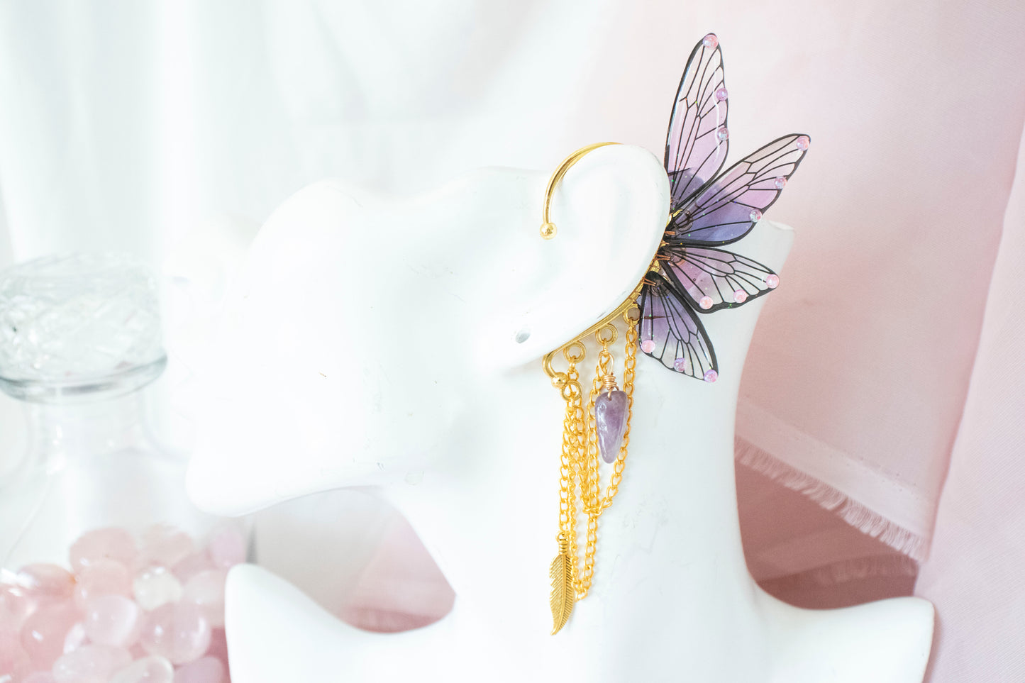 Gold + Purple Feather + Crystal Fairy Wing Ear Cuffs