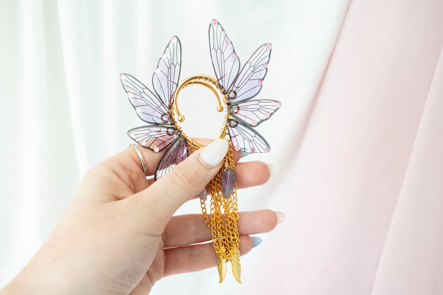 Gold + Purple Feather + Crystal Fairy Wing Ear Cuffs