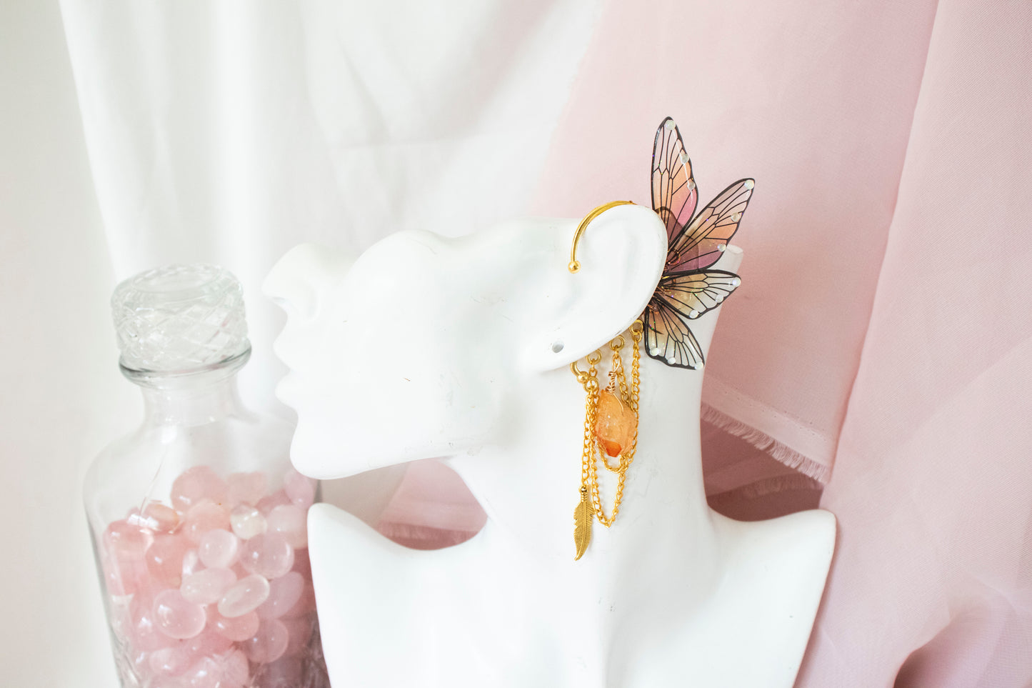 Gold + Sunset Feather + Crystal Fairy Wing Ear Cuffs