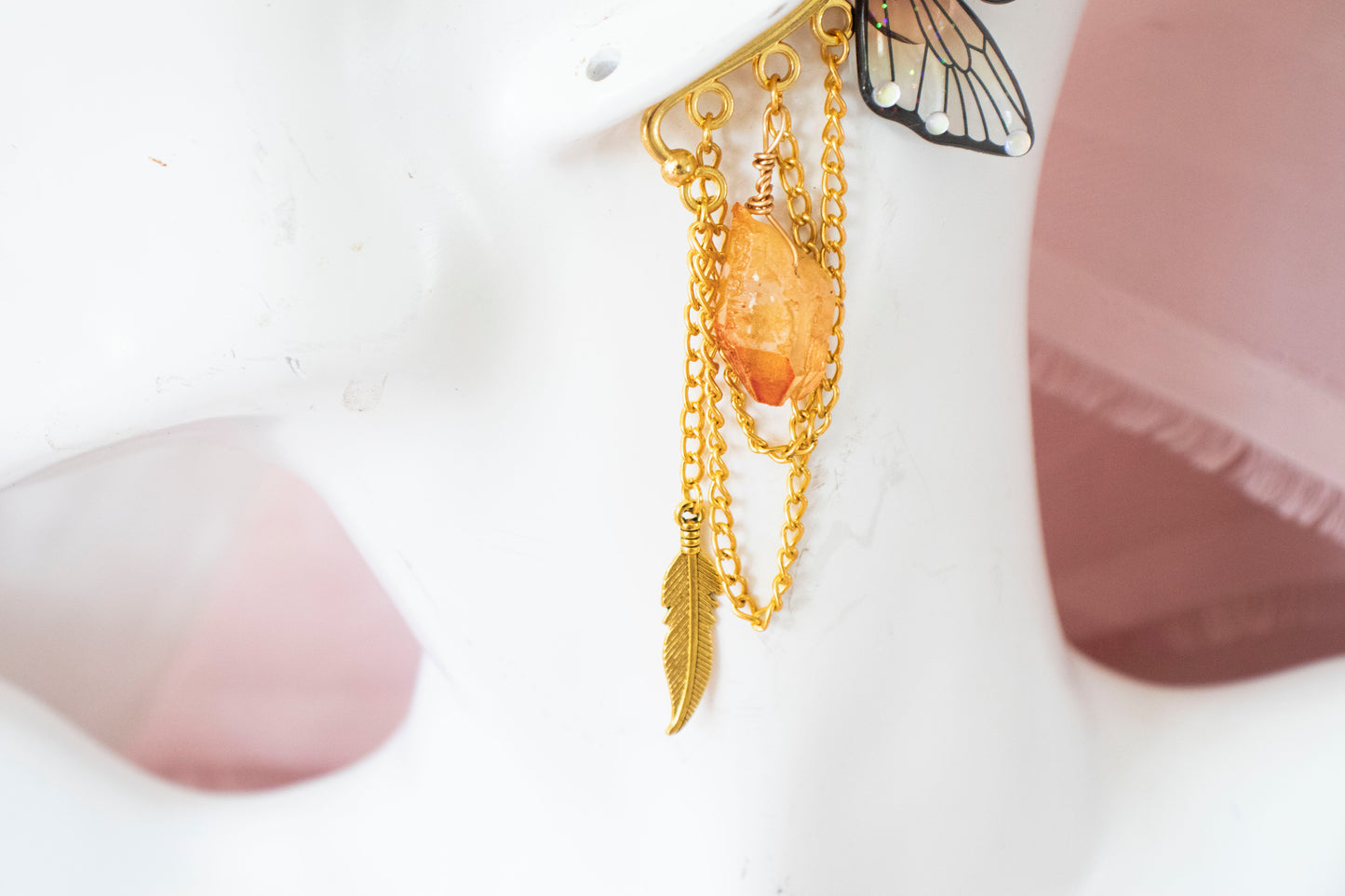 Gold + Sunset Feather + Crystal Fairy Wing Ear Cuffs