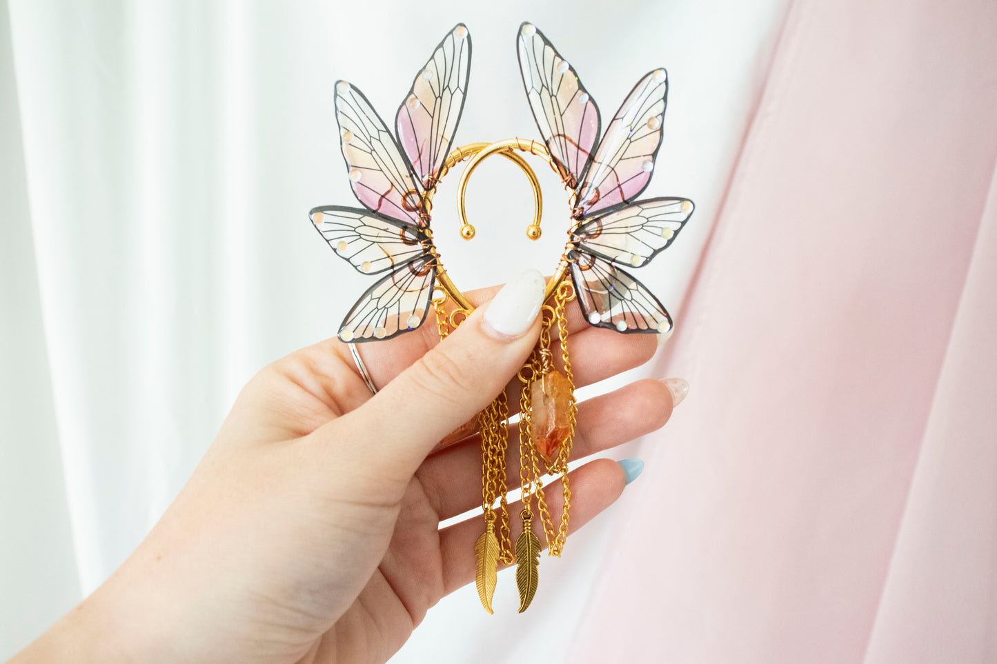 Gold + Sunset Feather + Crystal Fairy Wing Ear Cuffs