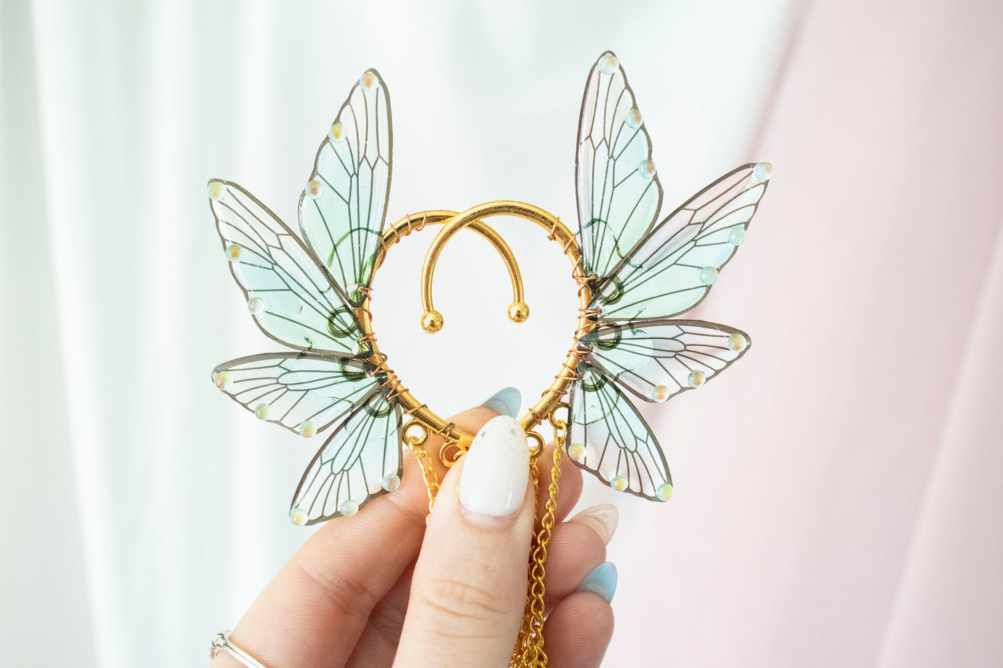Gold + Teal Leaf + Crystal Fairy Wing Ear Cuffs