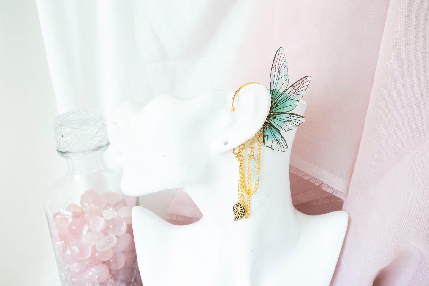 Gold + Teal Leaf + Crystal Fairy Wing Ear Cuffs