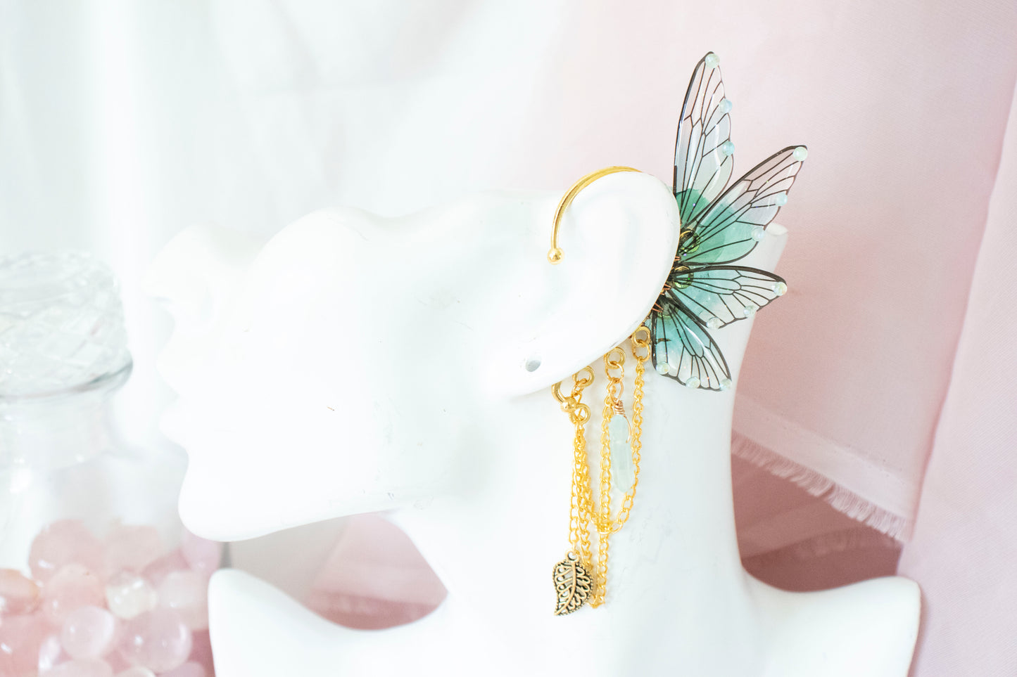 Gold + Teal Leaf + Crystal Fairy Wing Ear Cuffs