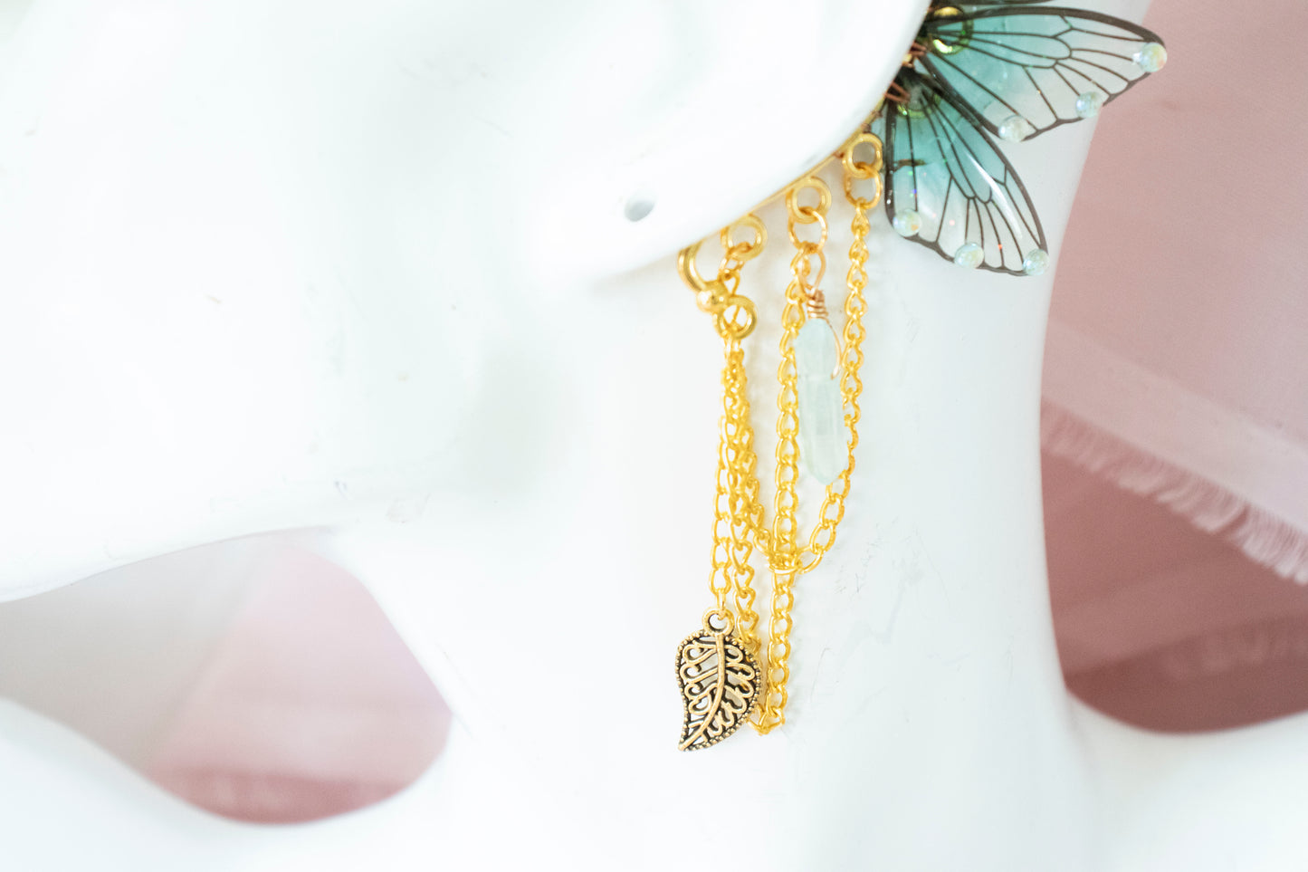 Gold + Teal Leaf + Crystal Fairy Wing Ear Cuffs