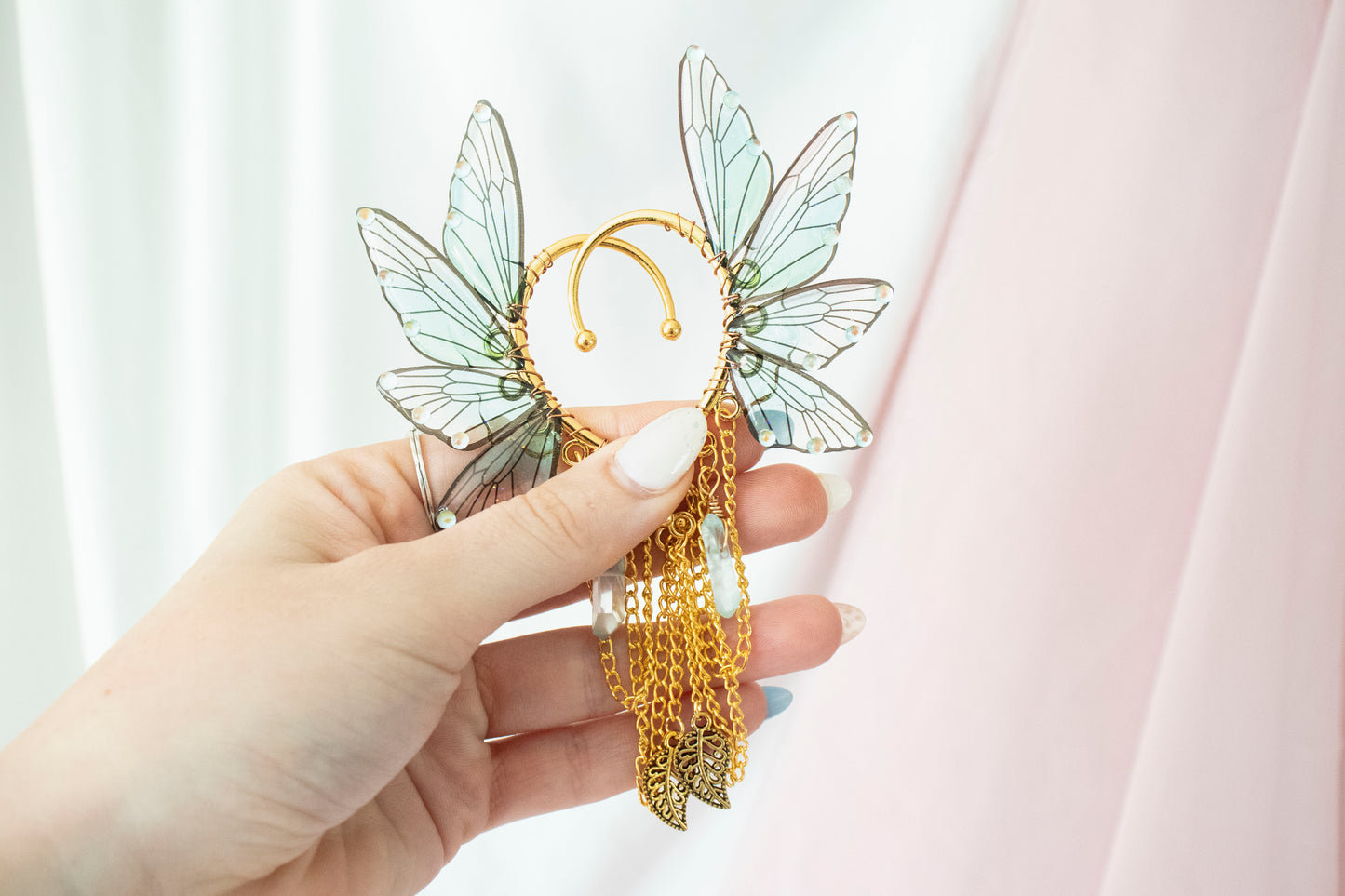 Gold + Teal Leaf + Crystal Fairy Wing Ear Cuffs