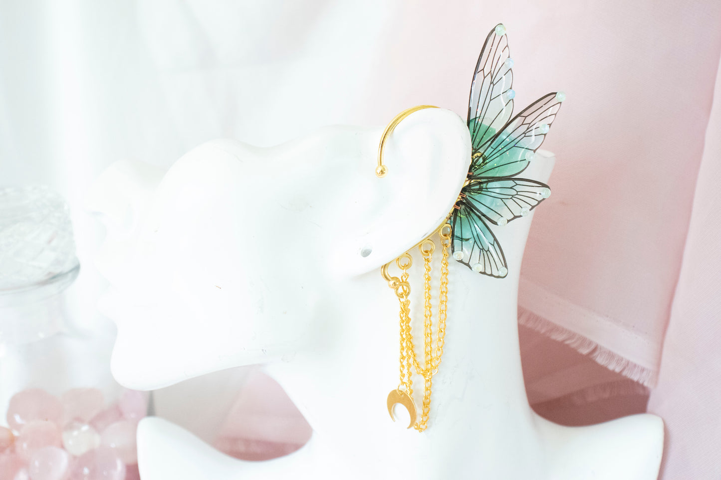 Gold + Teal Moon Fairy Wing Ear Cuffs